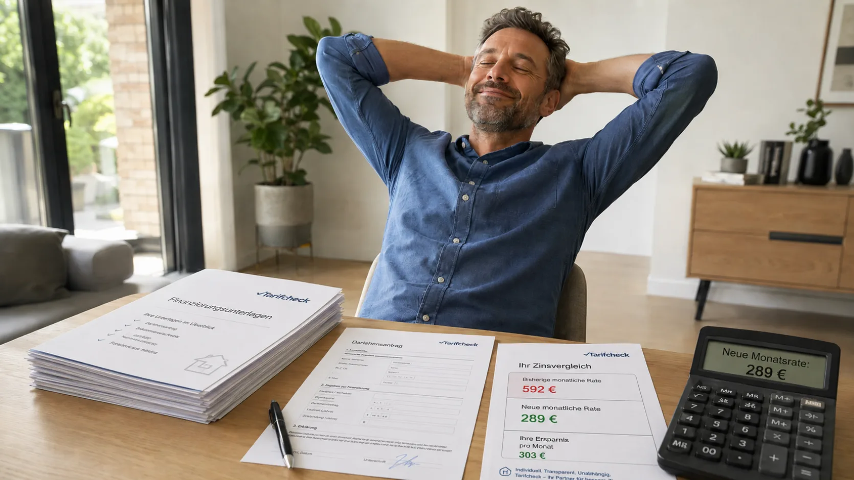 kreditvergleich online. Mann hat Vergleich abgeschlossen und freut sich über die Einsparungen