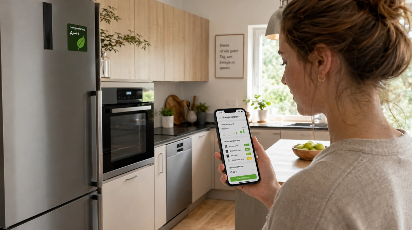 Strom Gas Vergleich. Frau steht in Küche und vergleicht Strom- und Gasanbieter mit ihrem Handy