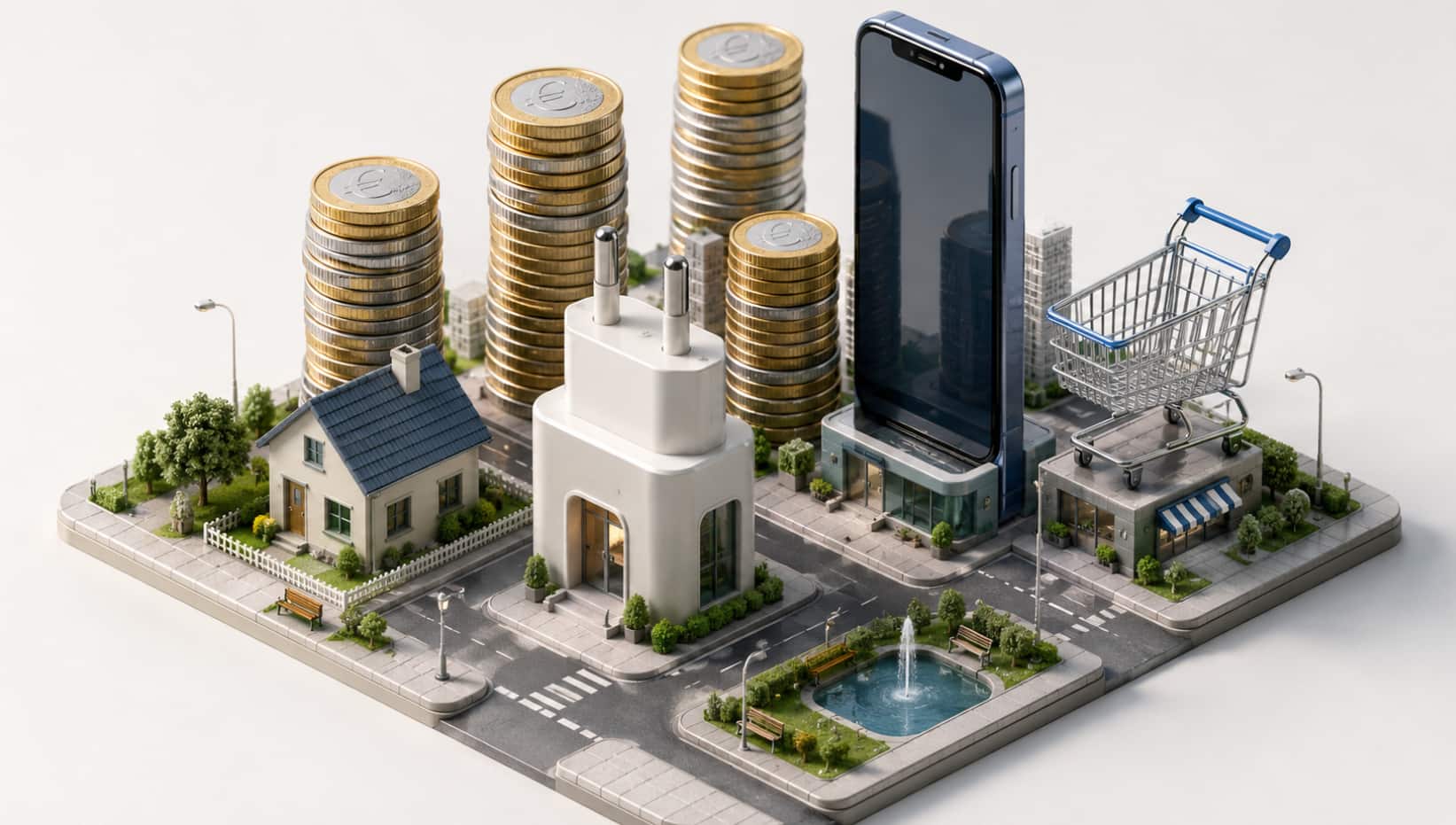 Geld sparen im Alltag – konzeptuelle Skyline aus Spar-Symbolen des Alltags